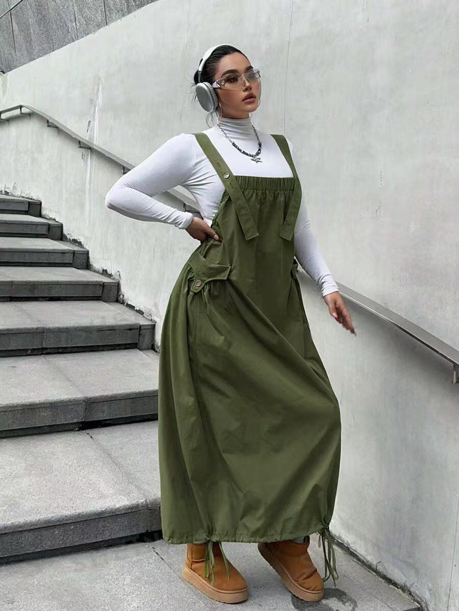 Utility Pocket Drawstring Hem Pinafore Dress – Adjustable Strap Design