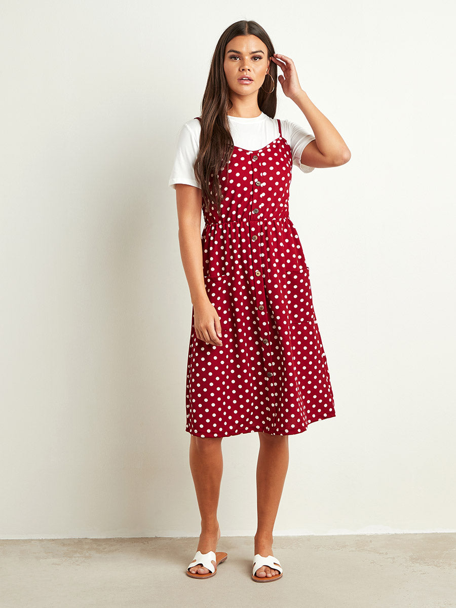 Polka Dot & Daisy Print Button Front Cami Dress