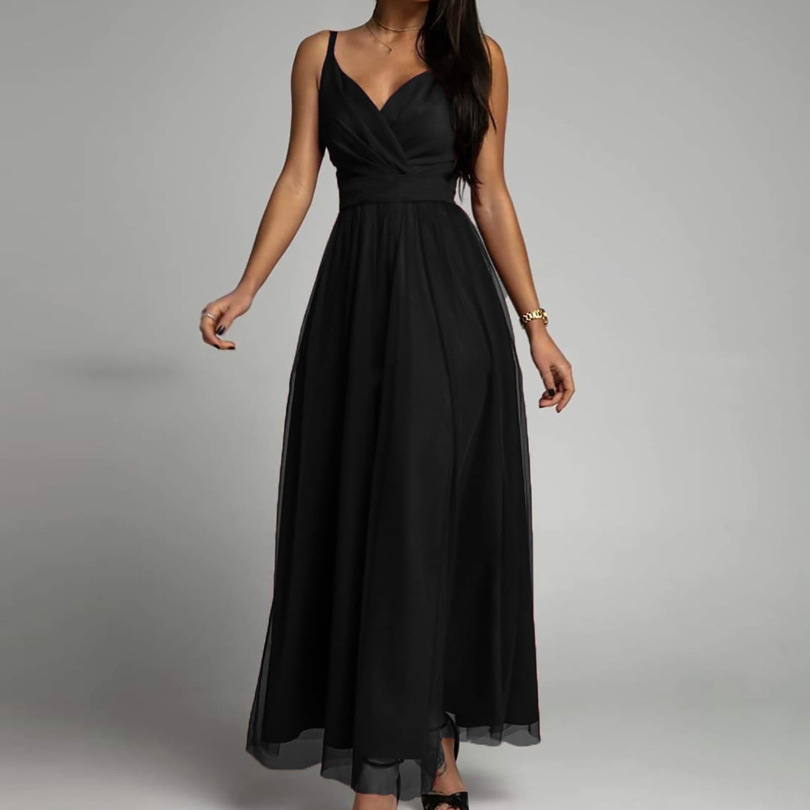 Pleated Mesh Evening Maxi Dress