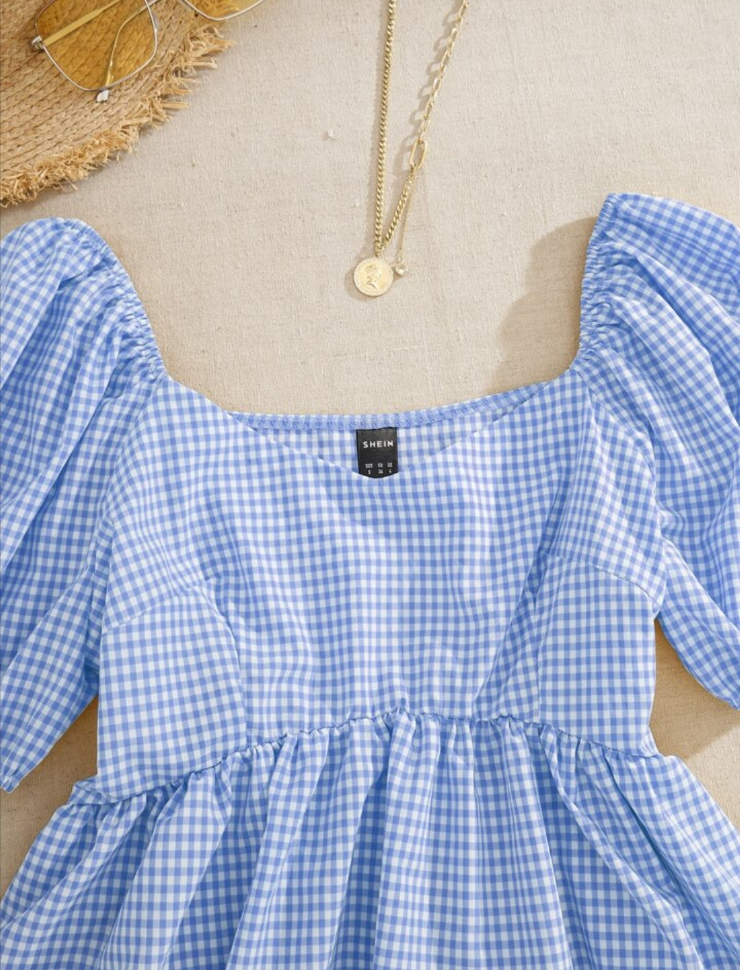 Puff Sleeve Gingham Top – Square Neck Peplum Blouse