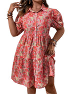 Floral Puff Short Sleeve Button-Down Midi Dress