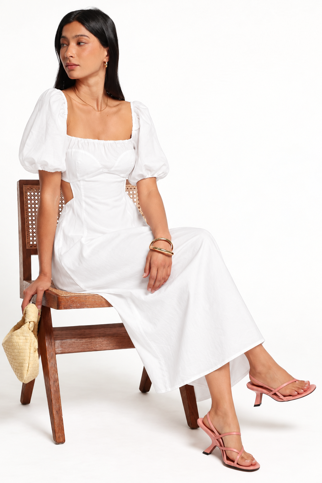 White Cutout Puff Sleeve Curve Midi Dress