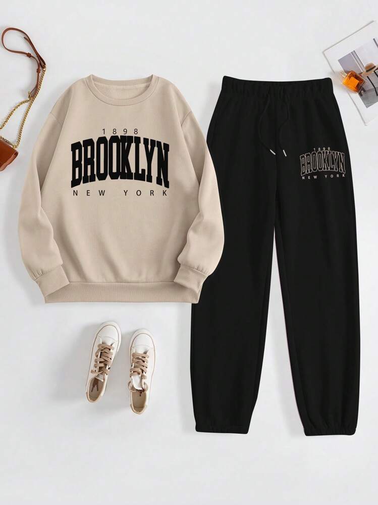 Brooklyn Print Sweatshirt & Jogger Two-Piece Set for Women