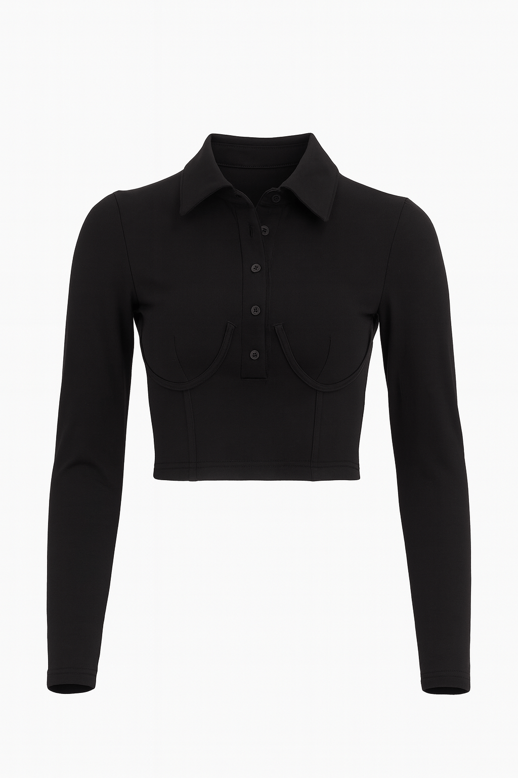 Solid Long Sleeve Collar Cropped T-Shirt
