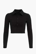Solid Long Sleeve Collar Cropped T-Shirt