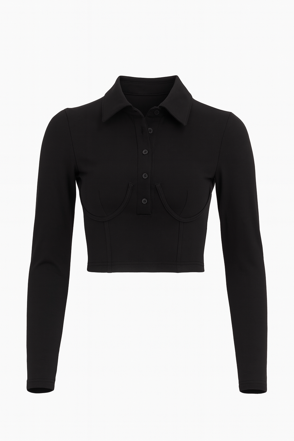 Solid Long Sleeve Collar Cropped T-Shirt