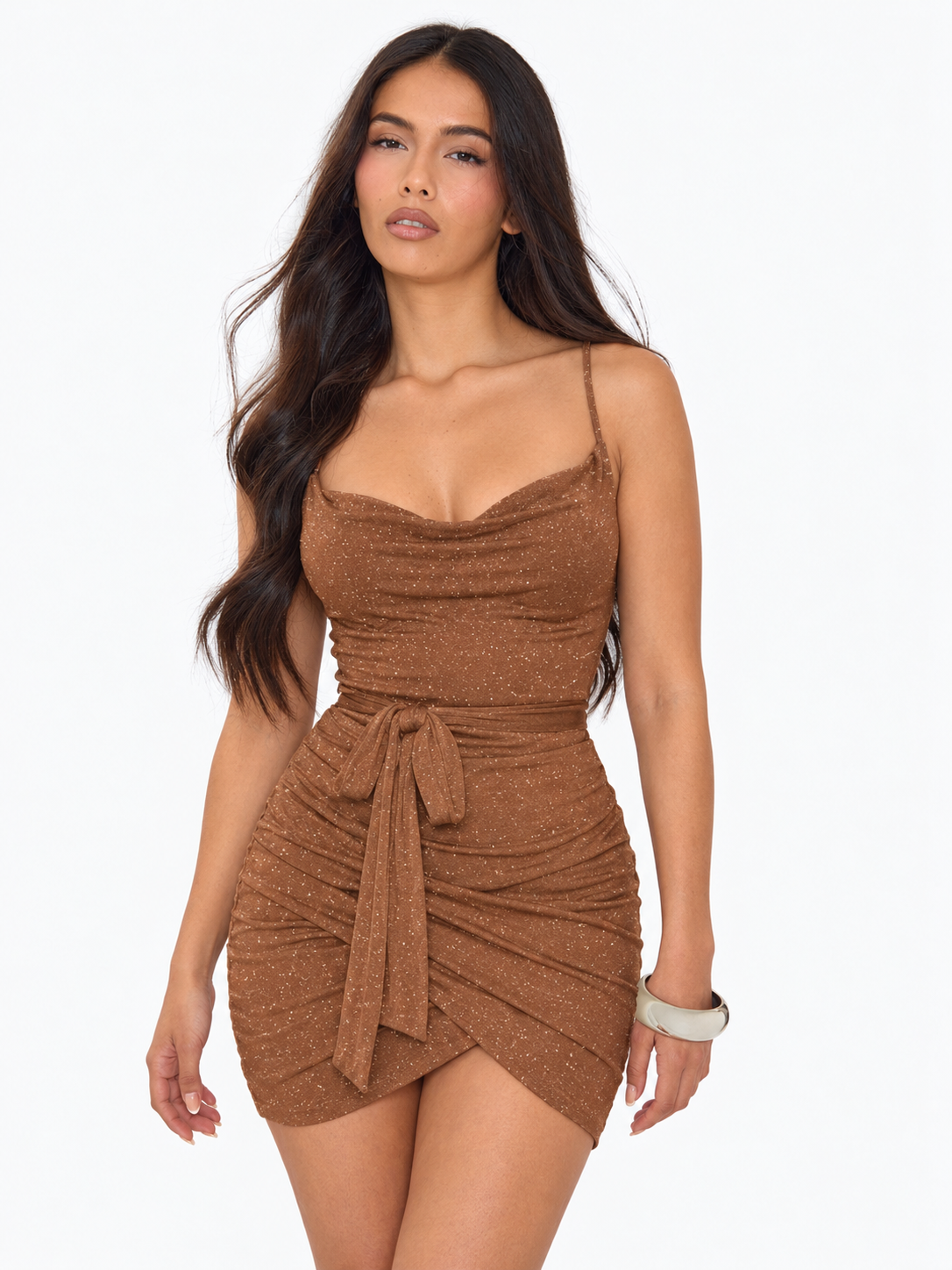 Shiny Belted Sleeveless Hip Bodycon Mini Dress