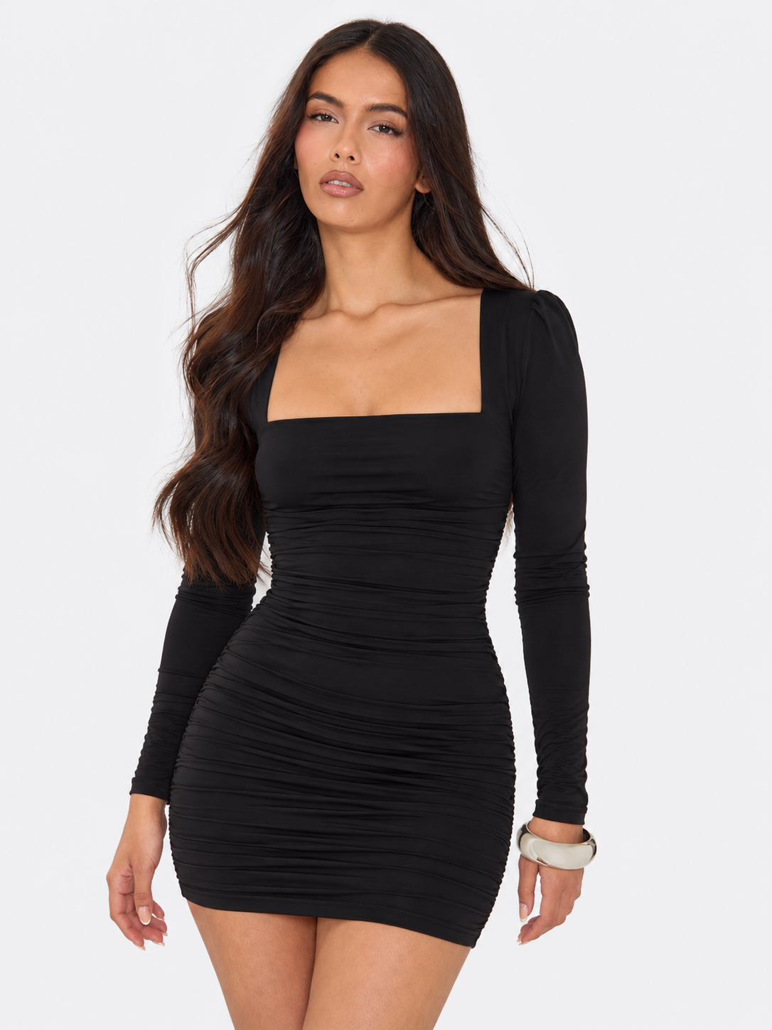 Square Neck Ruched Mini Dress