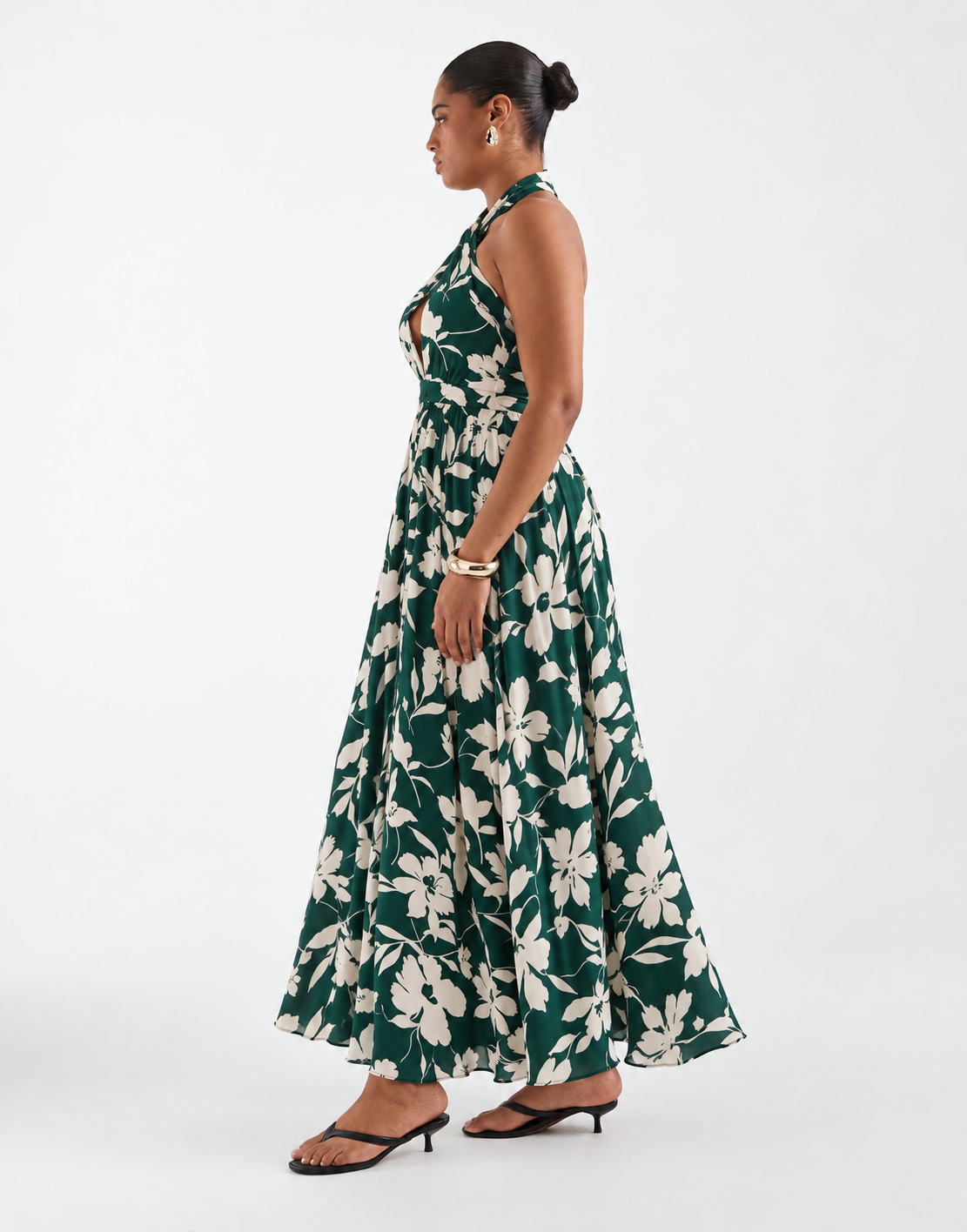 Green Floral Neck Wrap Maxi Dress