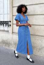 Button-Front Denim Maxi Dress