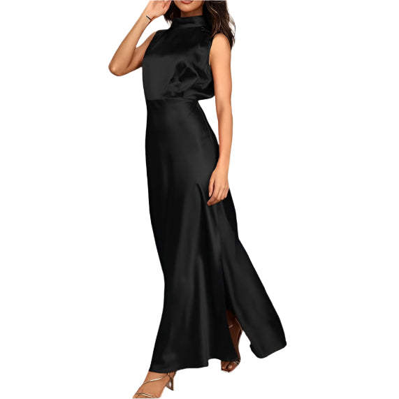 Elegant High-Neck Satin Maxi Dress – Timeless Evening Glam