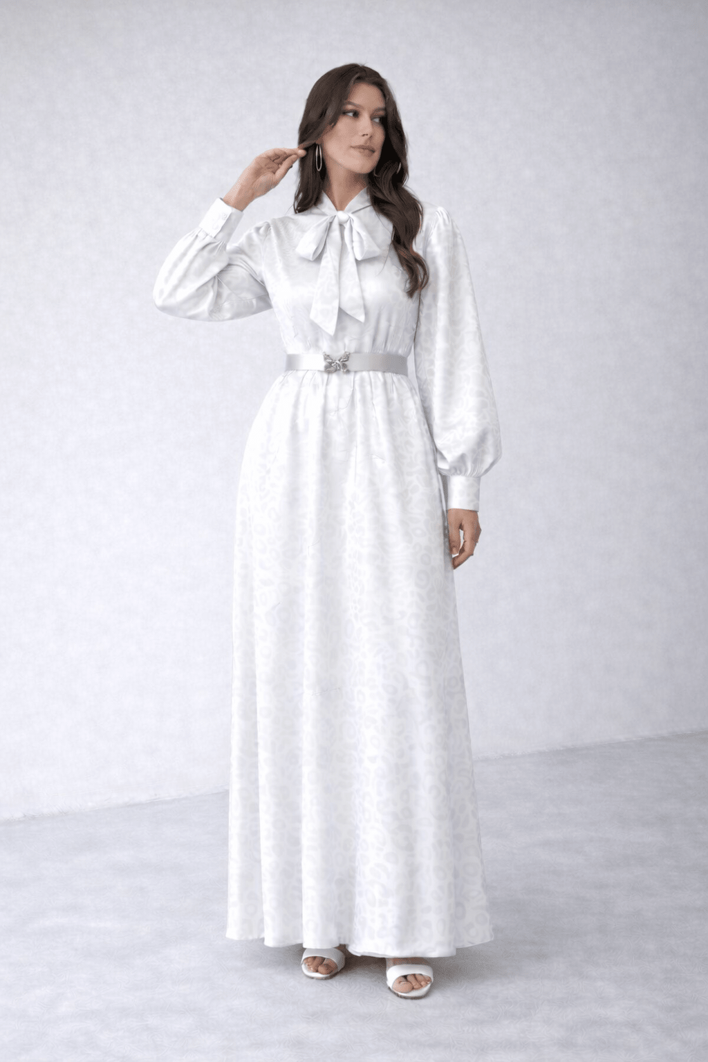 Elegant Satin Tie-Neck Belted Maxi Dress