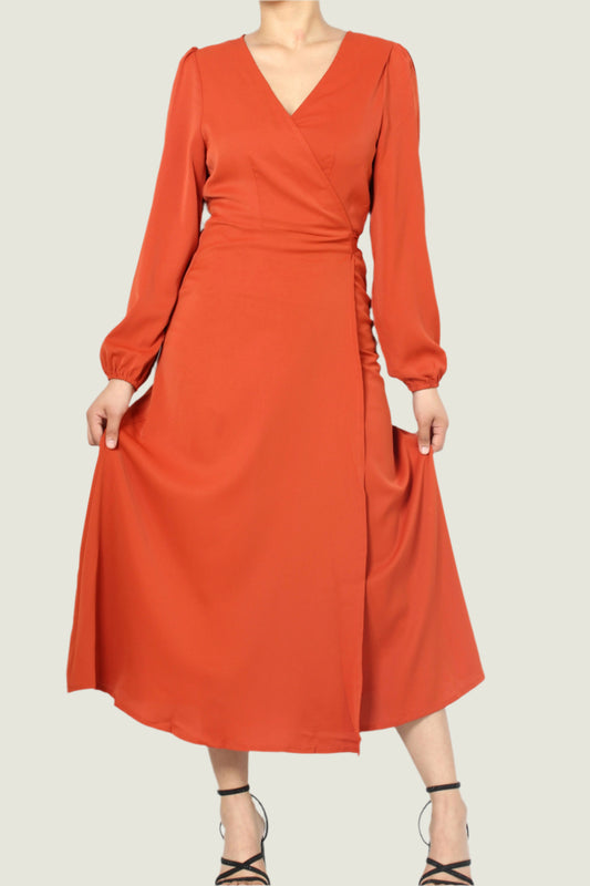 Elegant Rust Red Wrap Dress – Long Sleeve V-Neck with Waist Tie