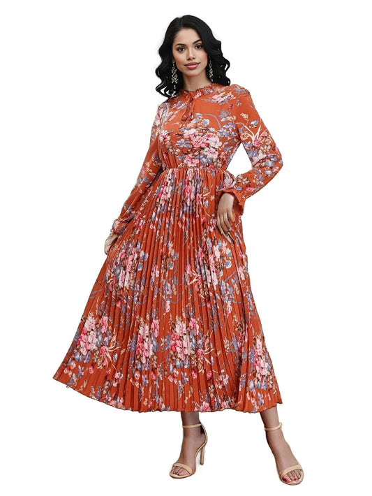 Elegant Floral Modest Pleated Maxi Dress