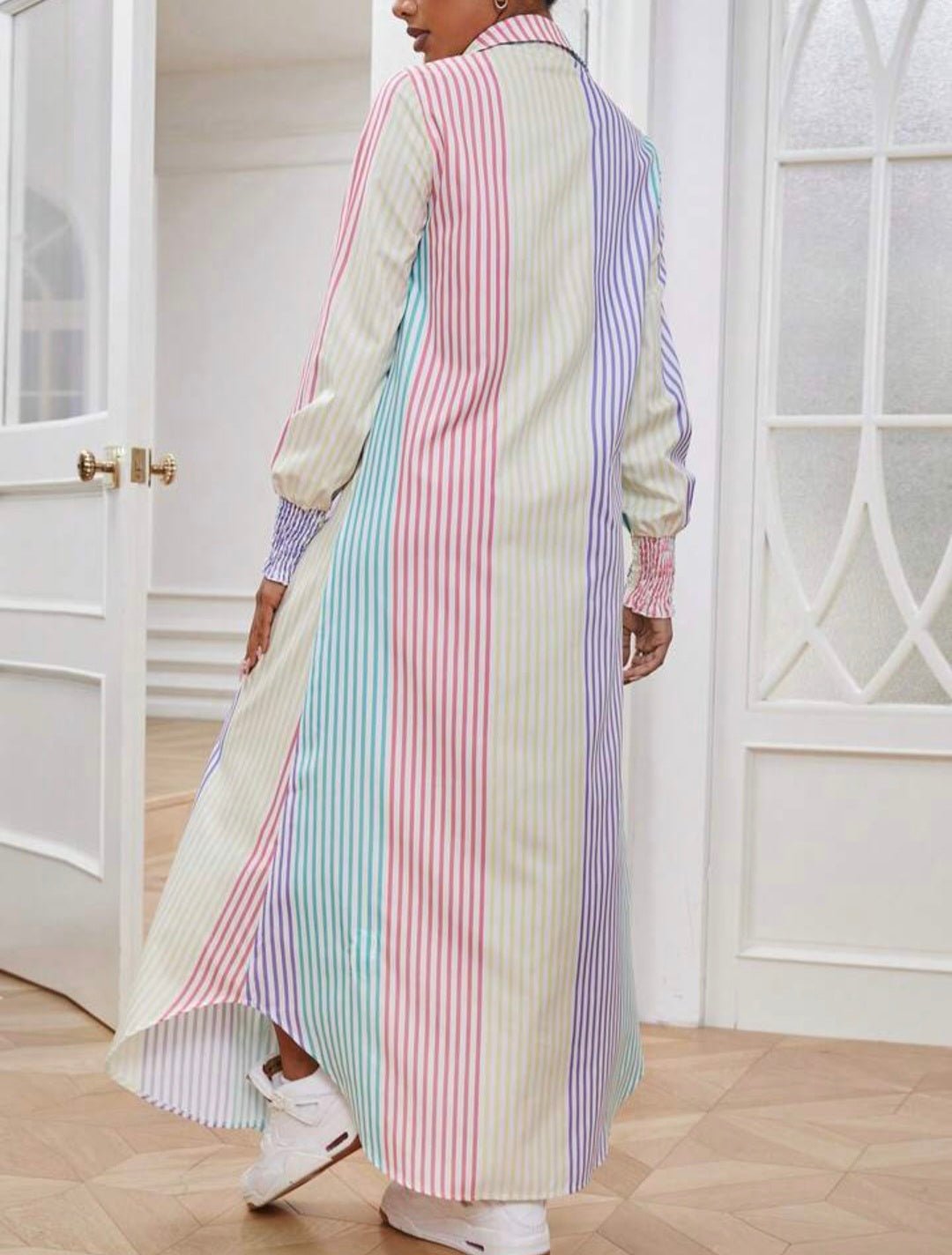 Vibrant Loose-Fit Striped Long Shirt Dress – Stylish & Comfortable