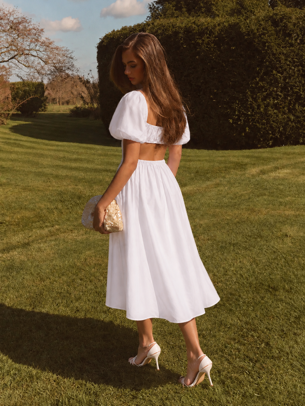 White Cutout Puff Sleeve Curve Midi Dress