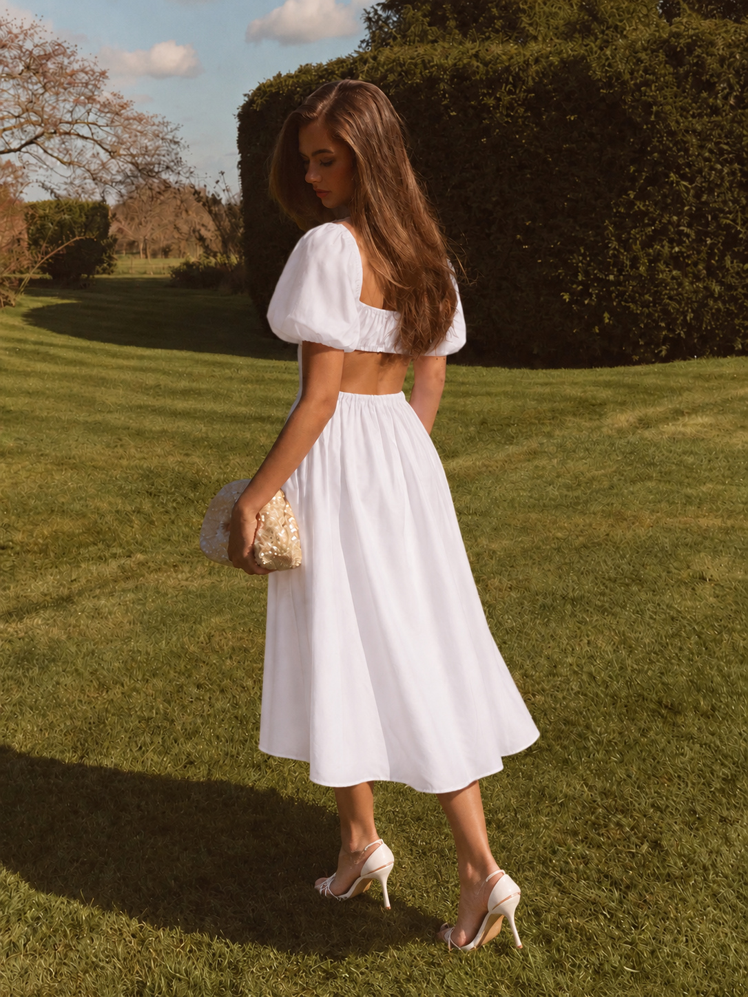 White Cutout Puff Sleeve Curve Midi Dress
