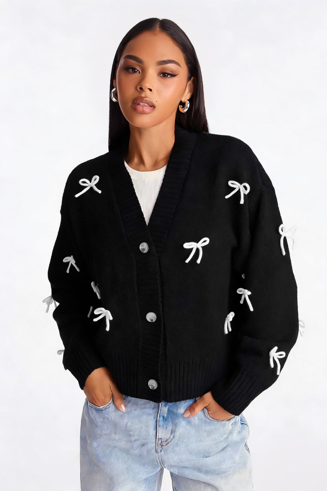 Bow Detail Button Knit Cardigan for Women