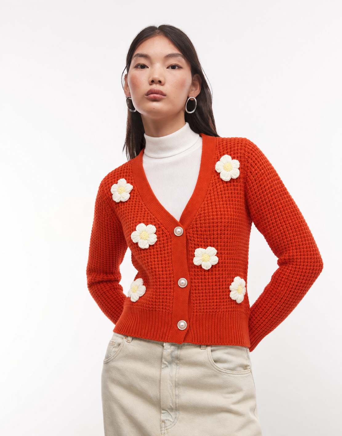 Floral Accent Long Sleeve Knit Cardigan