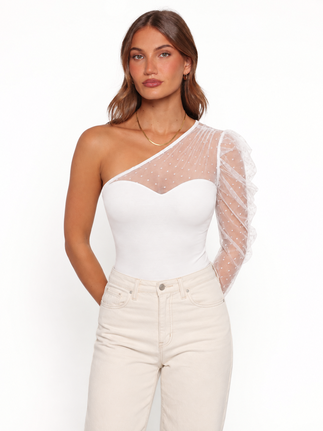 Asymmetrical Dobby Mesh Long Sleeve Blouse