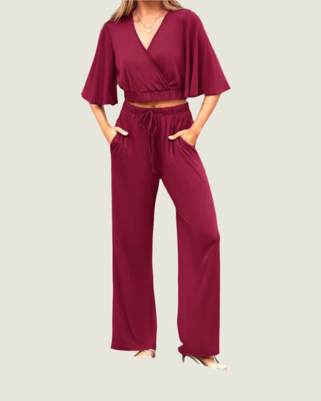 Flowy Sleeve Crop Top & Wide-Leg Pants Set