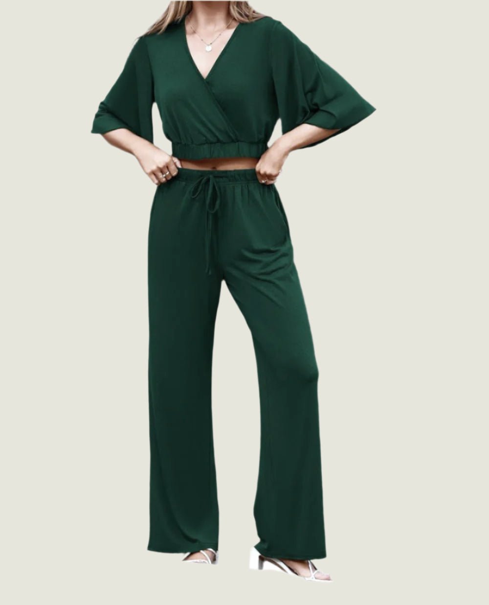 Flowy Sleeve Crop Top & Wide-Leg Pants Set