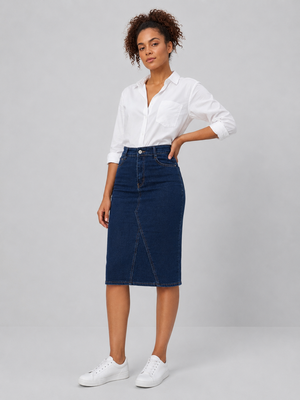 Fitted Knee-Length High-Waisted Denim Skirt DYQ-379