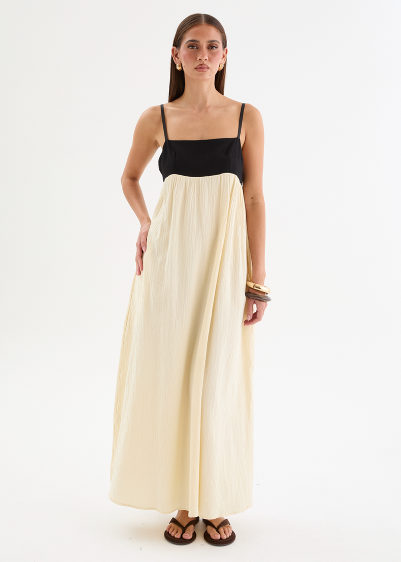 Contrast Bodice Flowing Maxi Dress