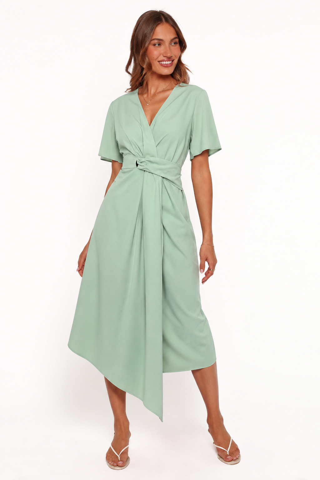 Elegant Wrap Style Midi Dress - Flutter Sleeves
