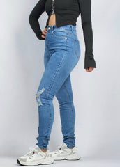 Distressed High-Waisted Skinny Blue Jeans with Minimal Rips - XD128