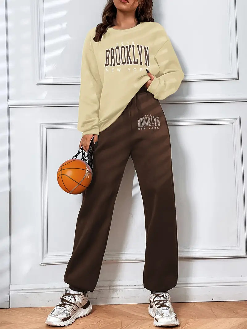 Brooklyn Print Sweatshirt & Jogger Two-Piece Set for Women