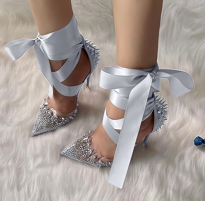 Rhinestone Wrap Heel Pumps – Pointed Toe Lace-Up Stiletto Heels
