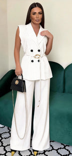 Sleeveless Pinstripe Vest & Wide Leg Pants Set