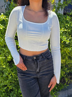Square Neck Patchwork Long Sleeve Rib Knit Crop Top