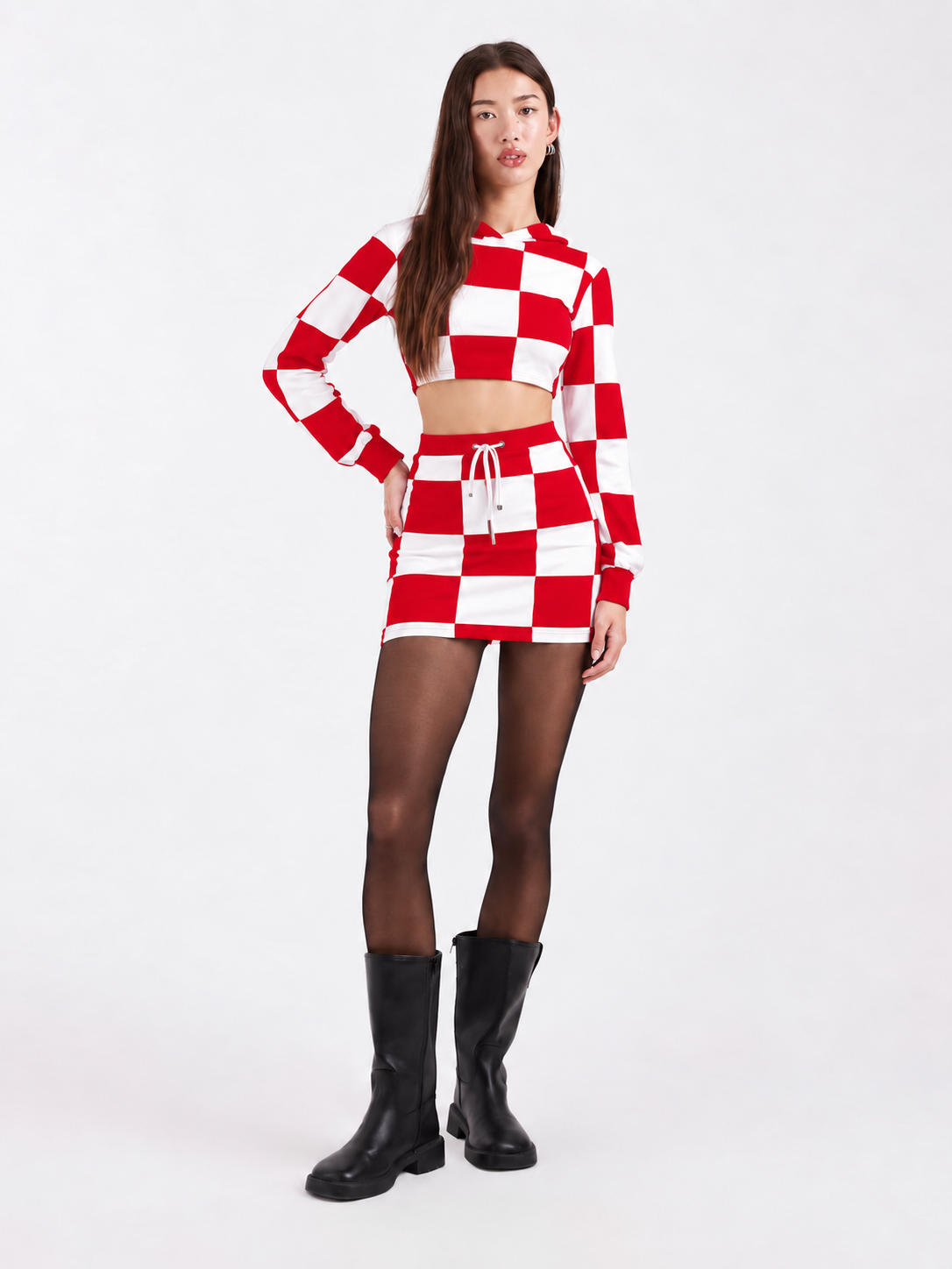 Casual Checkered Skirt Two Piece Set