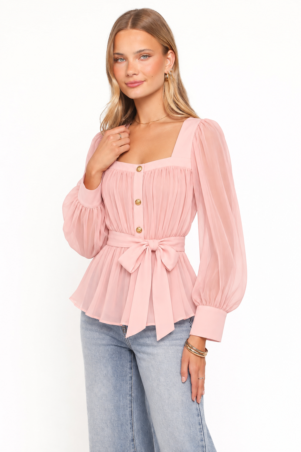 Belted Balloon-Sleeve Peplum Blouse
