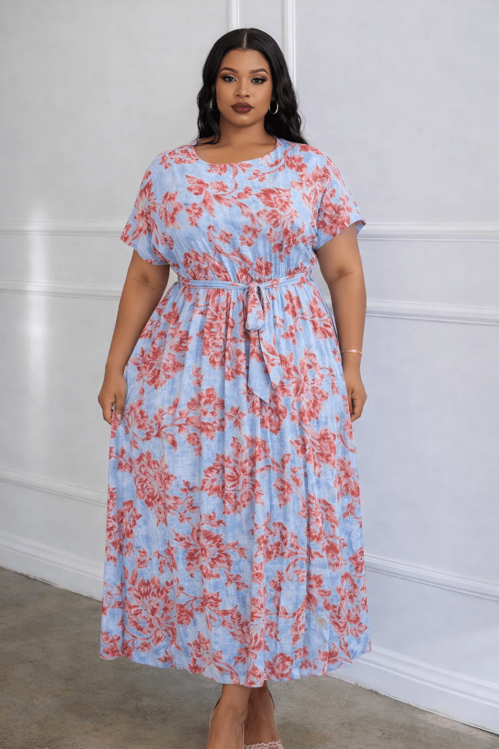 Floral Pleated Belted Midi Dress
