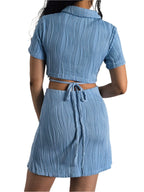 Solid Elegant Shirred Two-Piece Set – Chic Button Lapel Top & High Waist Skirt