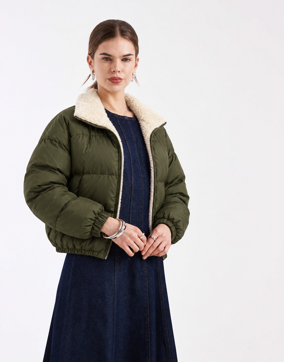 Fleece Lined Puffer Jacket – Cropped Warm Zip Winter Coat