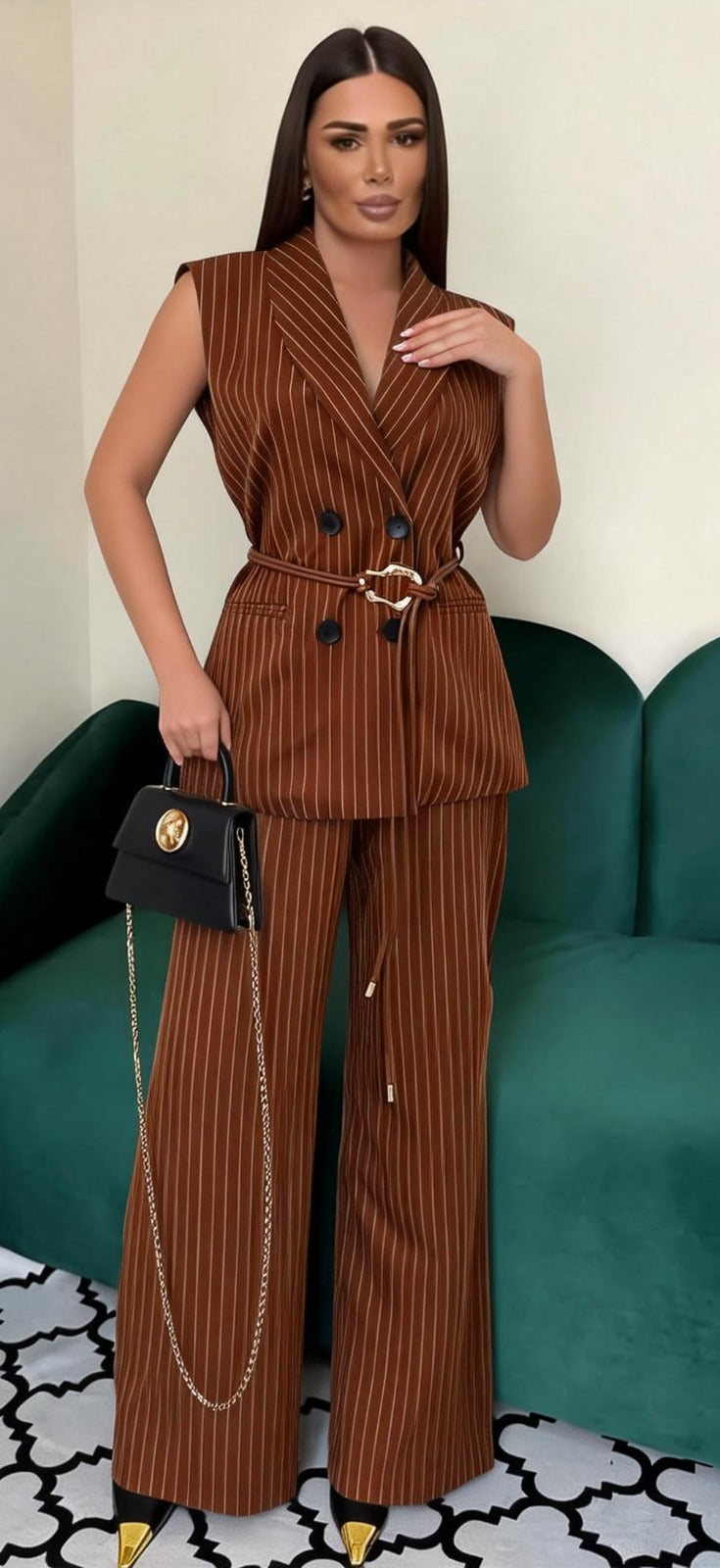 Sleeveless Pinstripe Vest & Wide Leg Pants Set