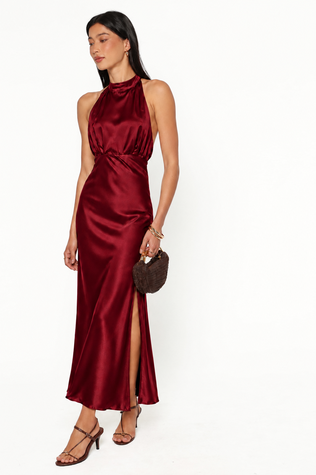 Draped High-Neck Satin Maxi Dress