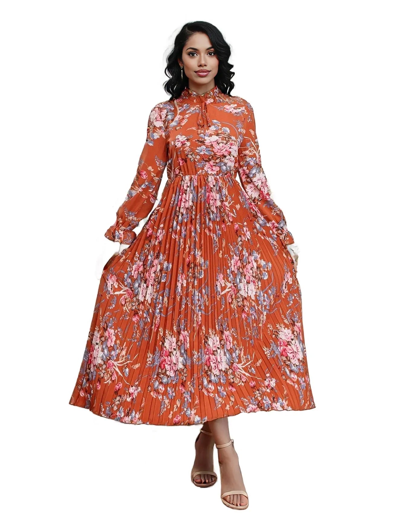 Elegant Floral Modest Pleated Maxi Dress