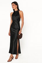 Draped High-Neck Satin Maxi Dress