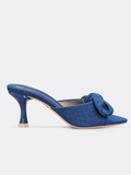 Indigo Bow Denim Mid-Heel Mules