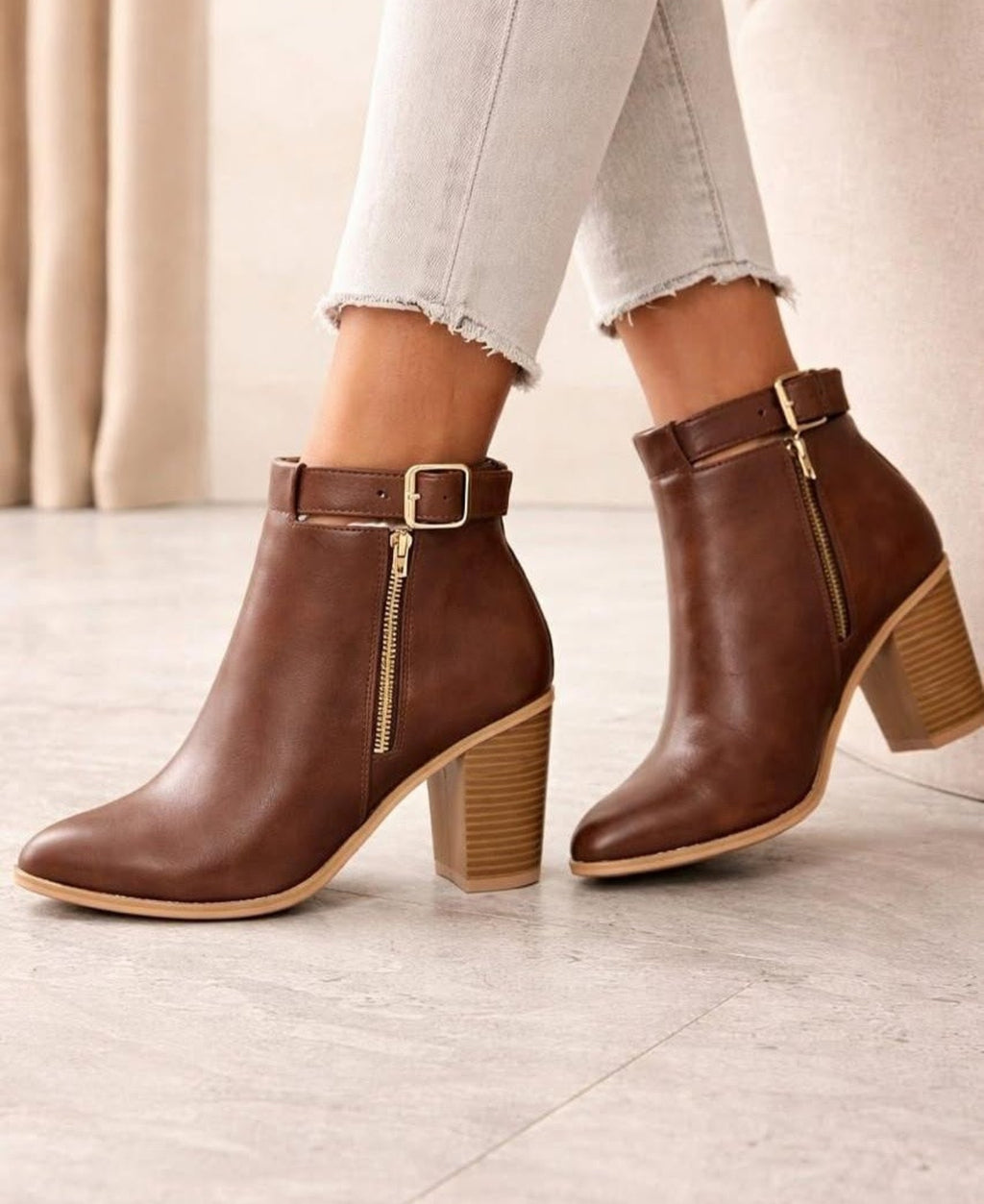 Luxe Zip Strap Block Heel Ankle Boots
