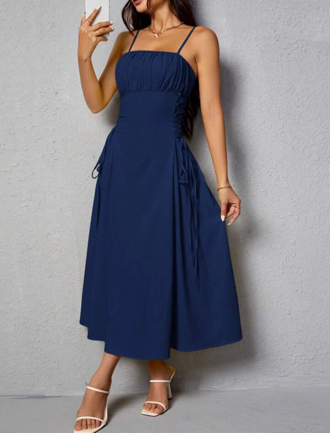 Ruched Denim  Bodice Strappy Midi Dress