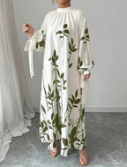Flowy Long Sleeve Maxi Dress with Leaf Print