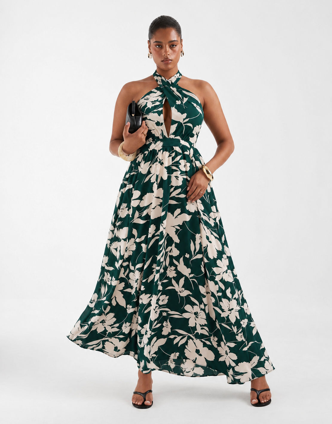 Green Floral Neck Wrap Maxi Dress