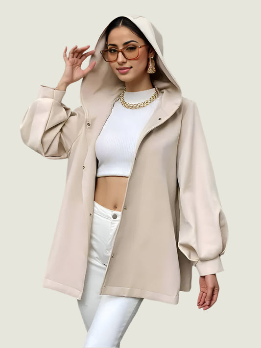 Elegant Beige Belted Hooded Coat Curve – Modern Chic Lightweight Jacket