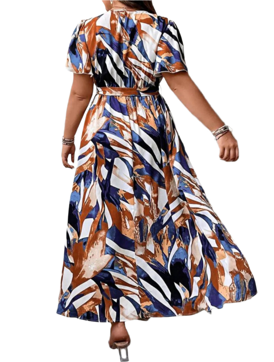 Trendy Short Sleeve Printed Maxi Dress with Belt – Elegant & Comfortable